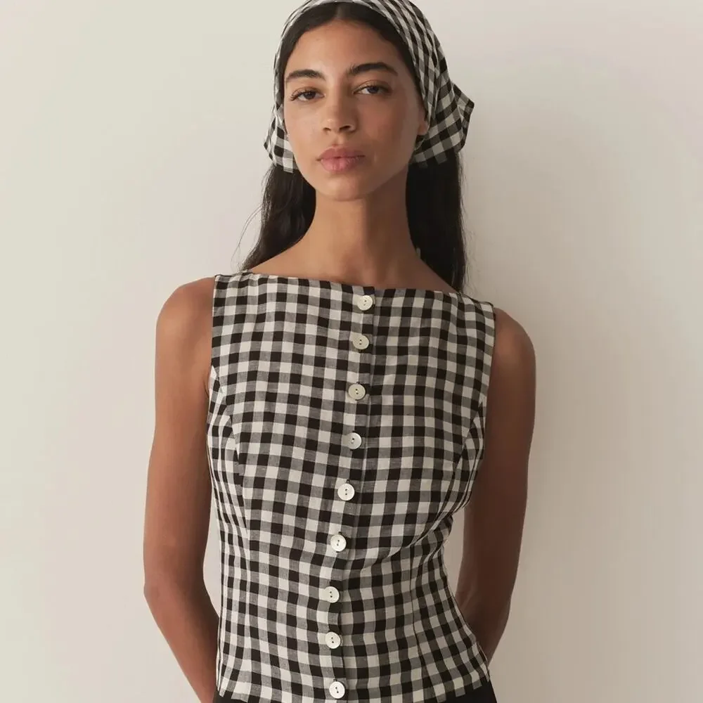 Doen Hayden Linen Button Boatneck Sleeveless Top Black Marilyn Gingham White - Picture 2 of 14
